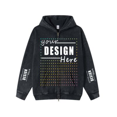 2024 autumn and winter new style plus velvet thickened washed old double-headed zipper hooded jacket trendy solid color sweater hoodie