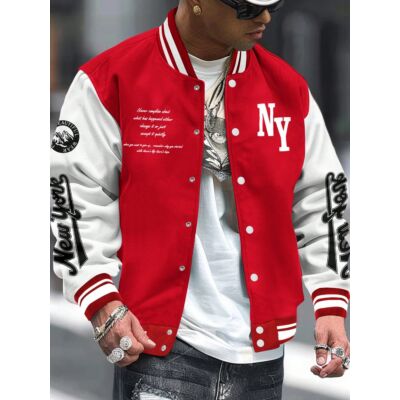  Casual Colorblock Letter  Jacket, 
